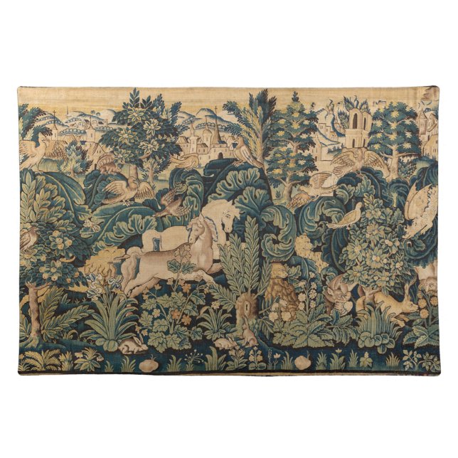 FANTASY ANIMALS,HORSES,WOODLAND Blue Green Floral Cloth Placemat (Front)