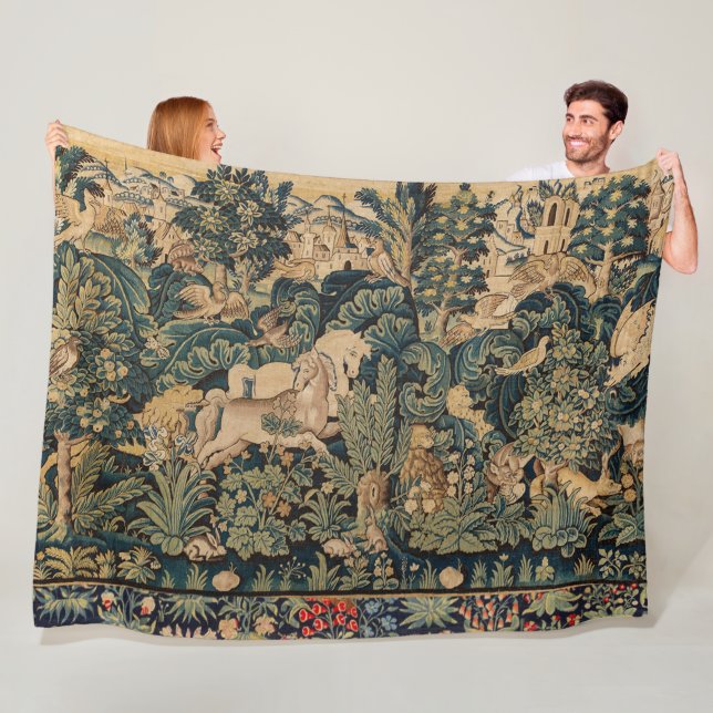 FANTASY ANIMALS,HORSES,WOODLAND Blue Green Floral Fleece Blanket (In Situ)