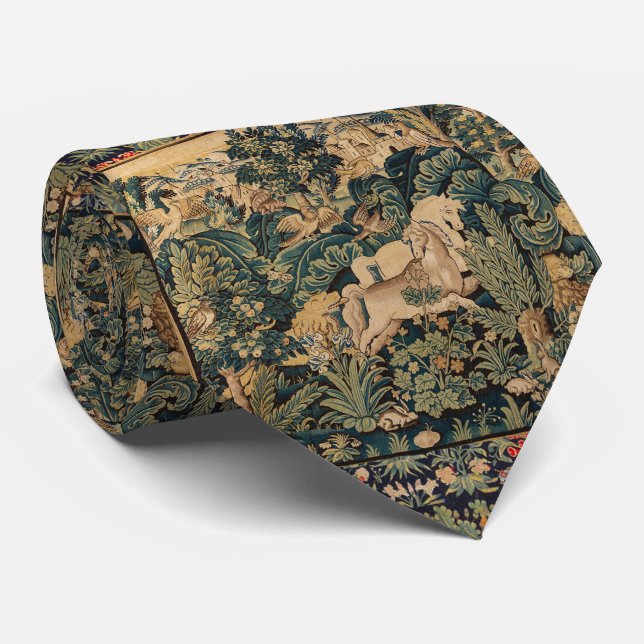 FANTASY ANIMALS,HORSES,WOODLAND Blue Green Floral  Neck Tie (Rolled)