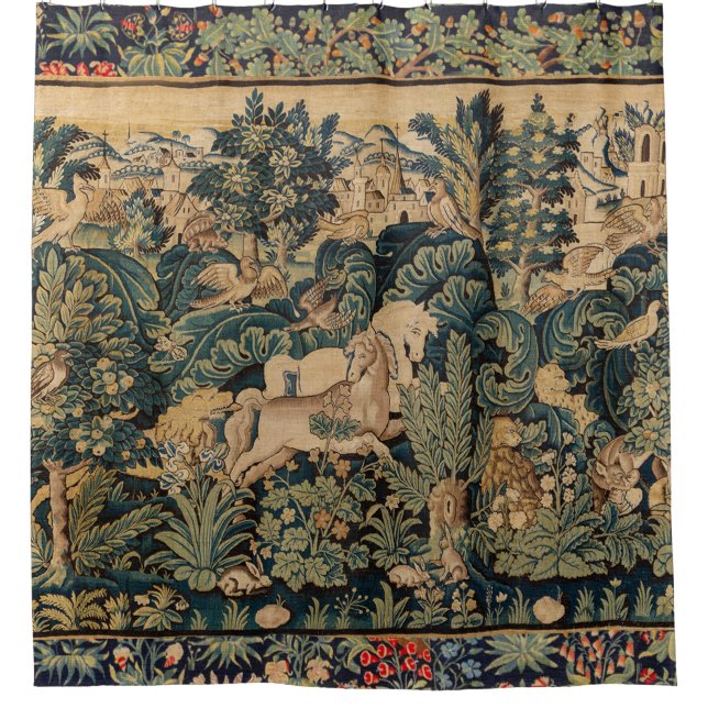 FANTASY ANIMALS,HORSES,WOODLAND Blue Green Floral  Shower Curtain (Front)