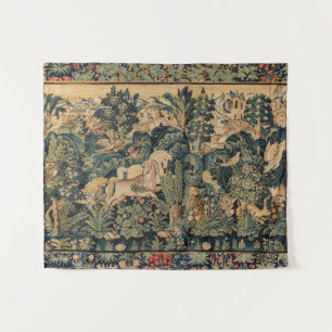 FANTASY ANIMALS,HORSES,WOODLAND Blue Green Floral Tapestry