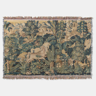 FANTASY ANIMALS,HORSES,WOODLAND Blue Green Floral Throw Blanket