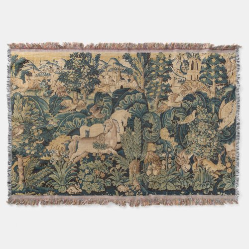 FANTASY ANIMALSHORSESWOODLAND Blue Green Floral  Throw Blanket