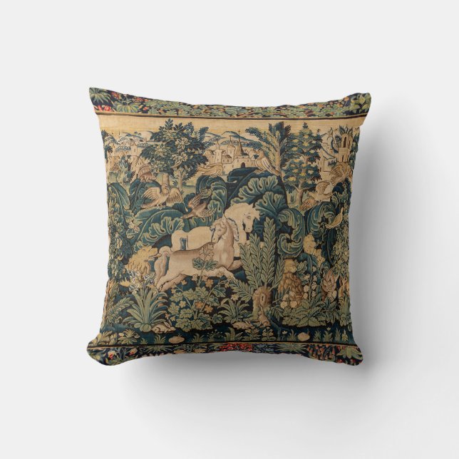 FANTASY ANIMALS,HORSES,WOODLAND Blue Green Floral  Throw Pillow (Front)