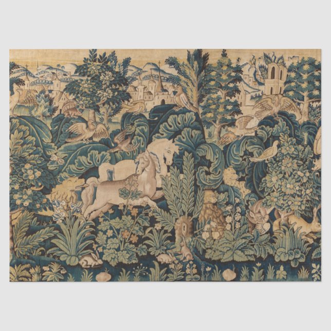 FANTASY ANIMALS,HORSES,WOODLAND Blue Green Floral  Tissue Paper (Front)