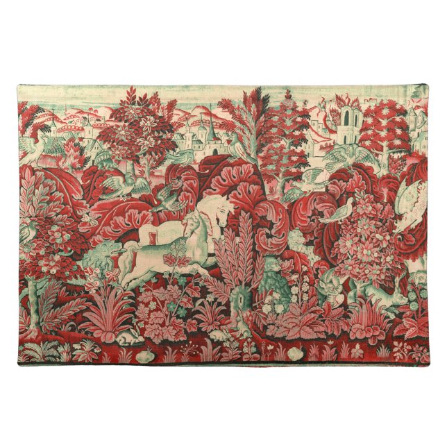 FANTASY ANIMALS,HORSES,WOODLAND Red Green Floral Cloth Placemat (Front)