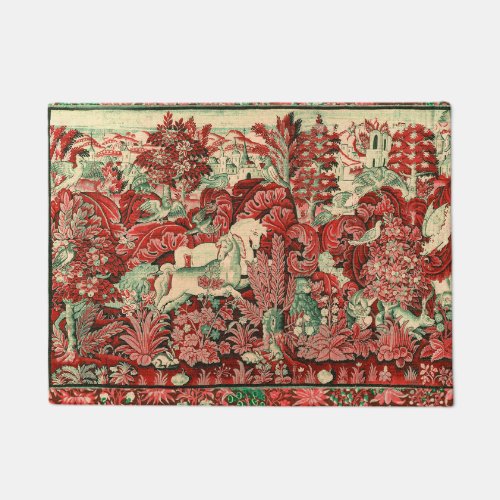 FANTASY ANIMALSHORSESWOODLAND Red Green Floral  Doormat