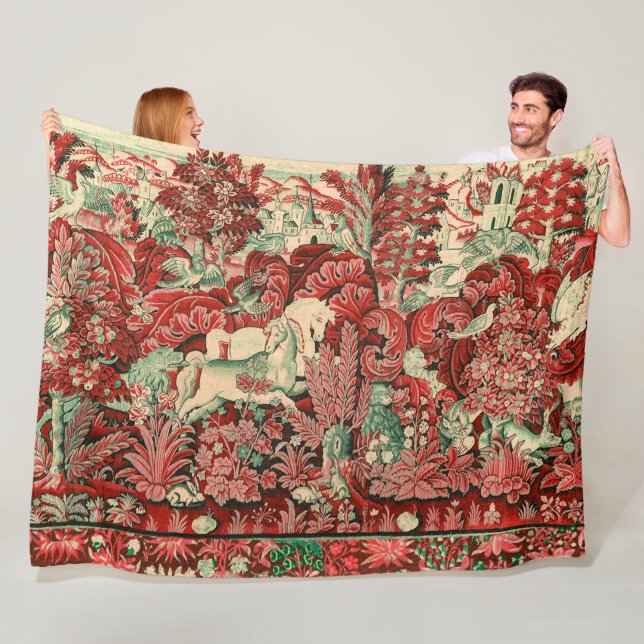 FANTASY ANIMALS,HORSES,WOODLAND Red Green Floral Fleece Blanket (In Situ)