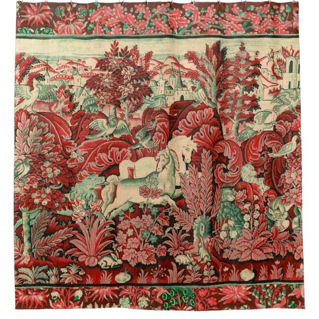 FANTASY ANIMALS,HORSES,WOODLAND Red Green Floral   Shower Curtain (Front)