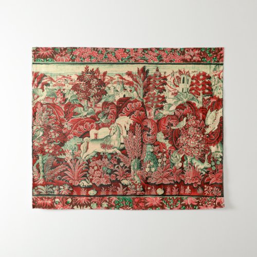 FANTASY ANIMALSHORSESWOODLAND Red Green Floral Tapestry