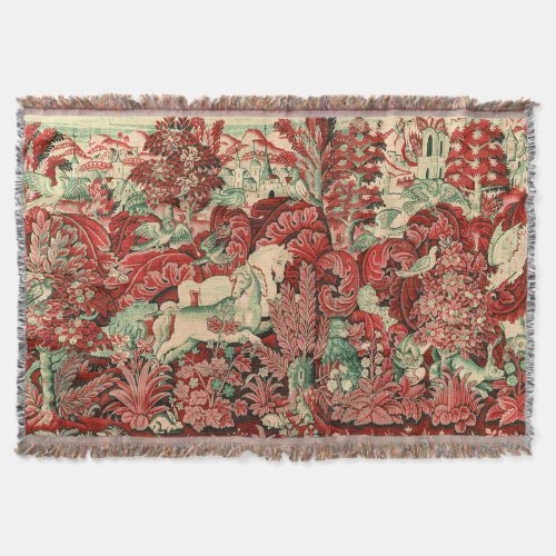 FANTASY ANIMALSHORSESWOODLAND Red Green Floral  Throw Blanket