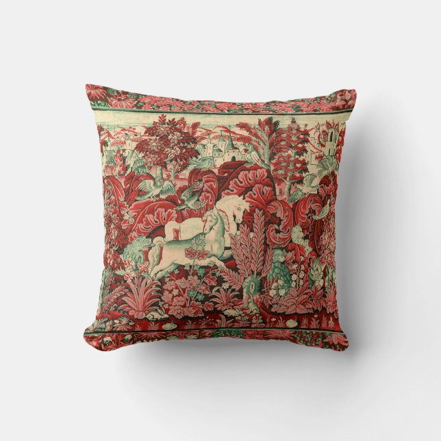 FANTASY ANIMALS,HORSES,WOODLAND Red Green Floral Throw Pillow (Front)