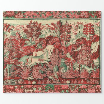 Fantasy Animals Horses Woodland Red Green Floral  Wrapping Paper by bulgan_lumini at Zazzle