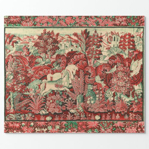 FANTASY ANIMALSHORSESWOODLAND Red Green Floral  Wrapping Paper
