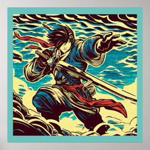 Fantasy Anime Hero 1 - Japanese Woodcut Poster