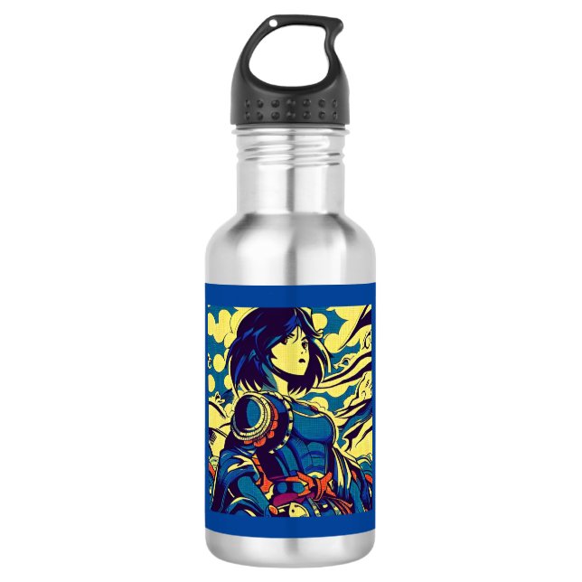 Fantasy Anime Hero 3 - Japanese Woodcut Stainless Steel Water Bottle (Front)