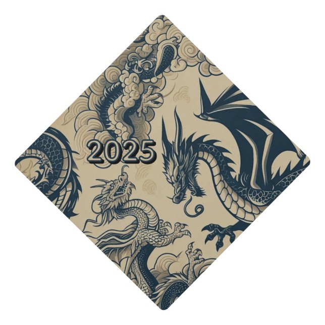 Fantasy Antiqued Dragons Add Graduation Year Cap Topper (Front)
