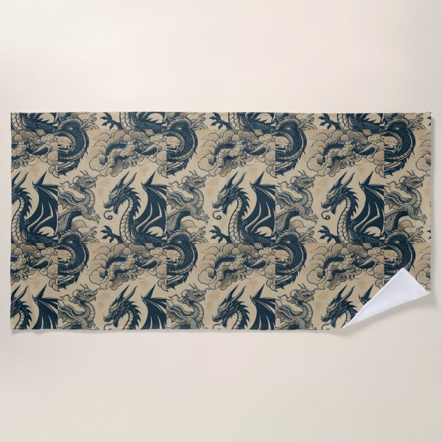 Fantasy Antiqued Dragons  Beach Towel (Front)