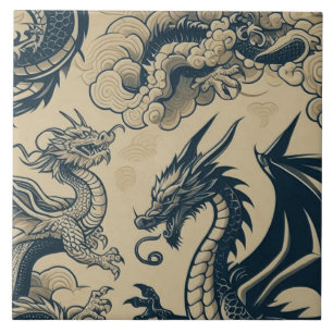 Fantasy Antiqued Dragons Ceramic Tile