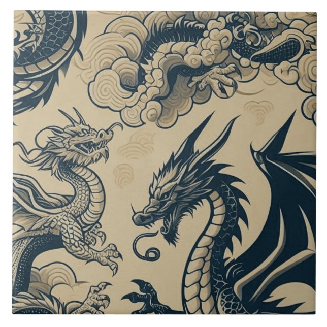 Fantasy Antiqued Dragons  Ceramic Tile (Front)