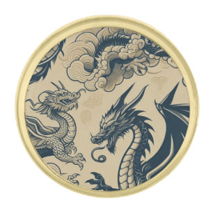 Fantasy Antiqued Dragons Gold Finish Lapel Pin
