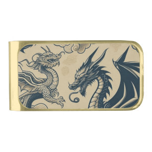 Fantasy Antiqued Dragons Gold Finish Money Clip