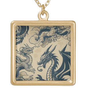 Fantasy Antiqued Dragons Gold Plated Necklace
