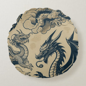 Fantasy Antiqued Dragons  Round Pillow