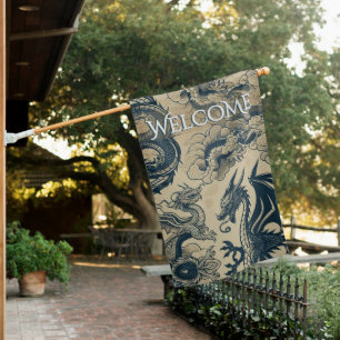 Fantasy Antiqued Dragons Welcome House Flag