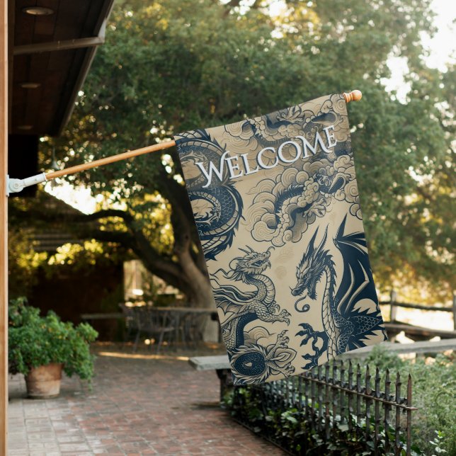 Fantasy Antiqued Dragons Welcome House Flag (In SItu)