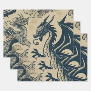 Fantasy Antiqued Dragons Wrapping Paper Sheets