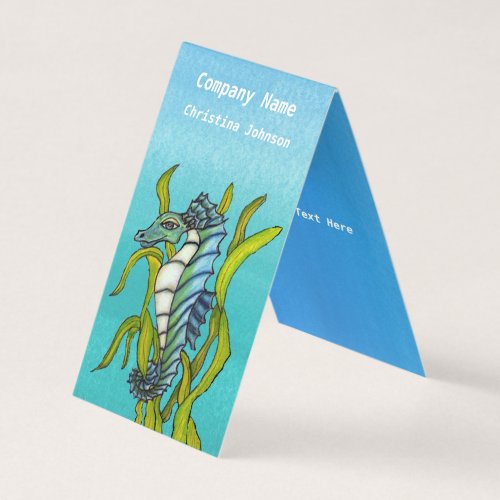Fantasy Aqua Blue Seahorse in Green Seaweed Business Card