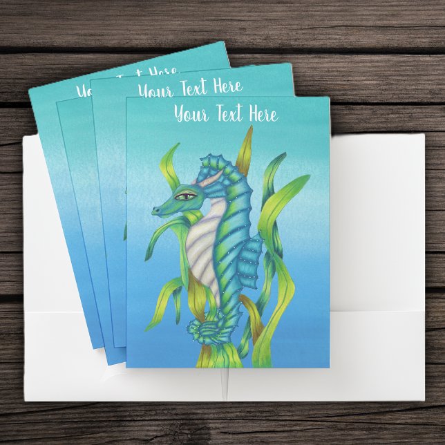 Fantasy Aqua Blue Seahorse in Seaweed Blues Pocket Folder (Fantasy aqua blue seahorse with horns in seaweed on shades of blue pocket folders.)
