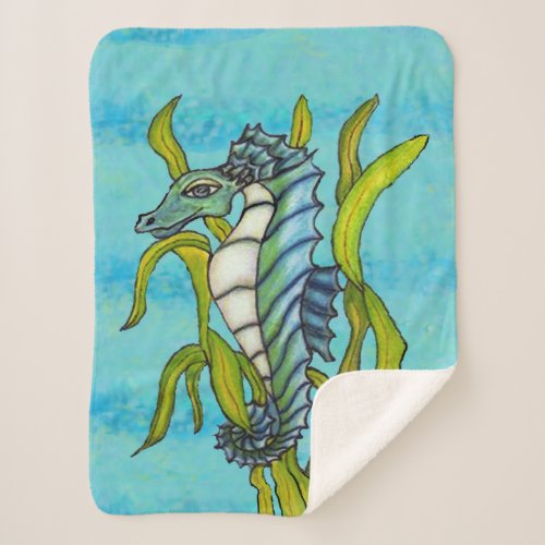Fantasy Aqua Blue White Seahorse in Green Seaweed Sherpa Blanket