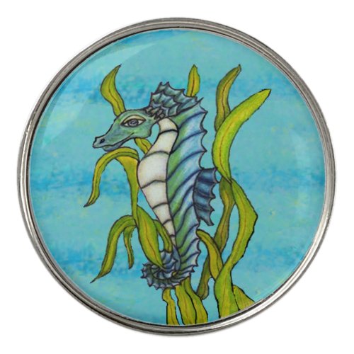 Fantasy Aqua Blue White Seahorse in Seaweed Golf Ball Marker