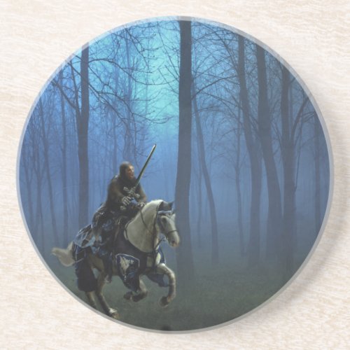 Fantasy Art Blue Knight on Horseback in Moonlight Coaster