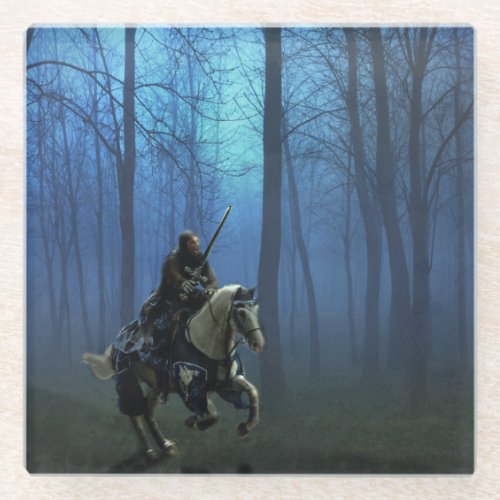 Fantasy Art Blue Knight on Horseback in Moonlight Glass Coaster