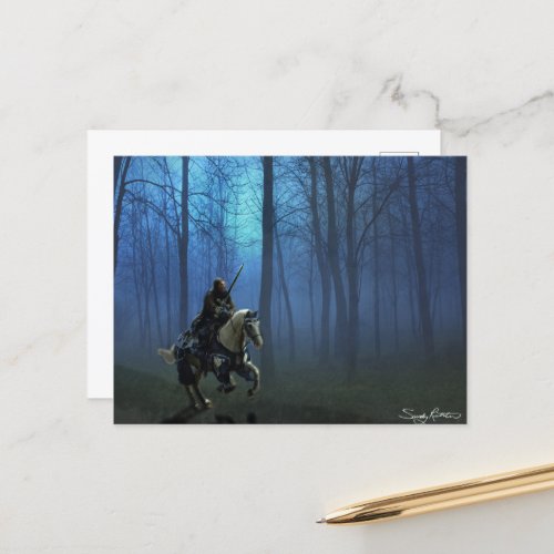 Fantasy Art Blue Knight on Horseback in Moonlight Postcard