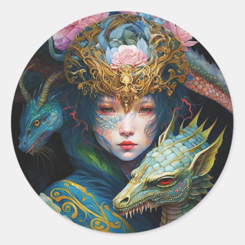 Fantasy Art Dragon Goddess Queen Classic Round Sti Classic Round Sticker