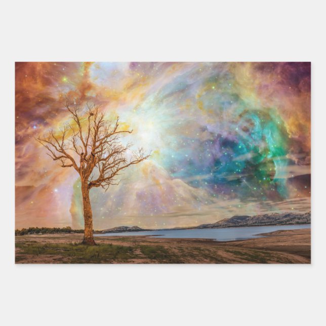 Fantasy Art Nothern Lights Landscape with Tree Wrapping Paper Sheets (Front)
