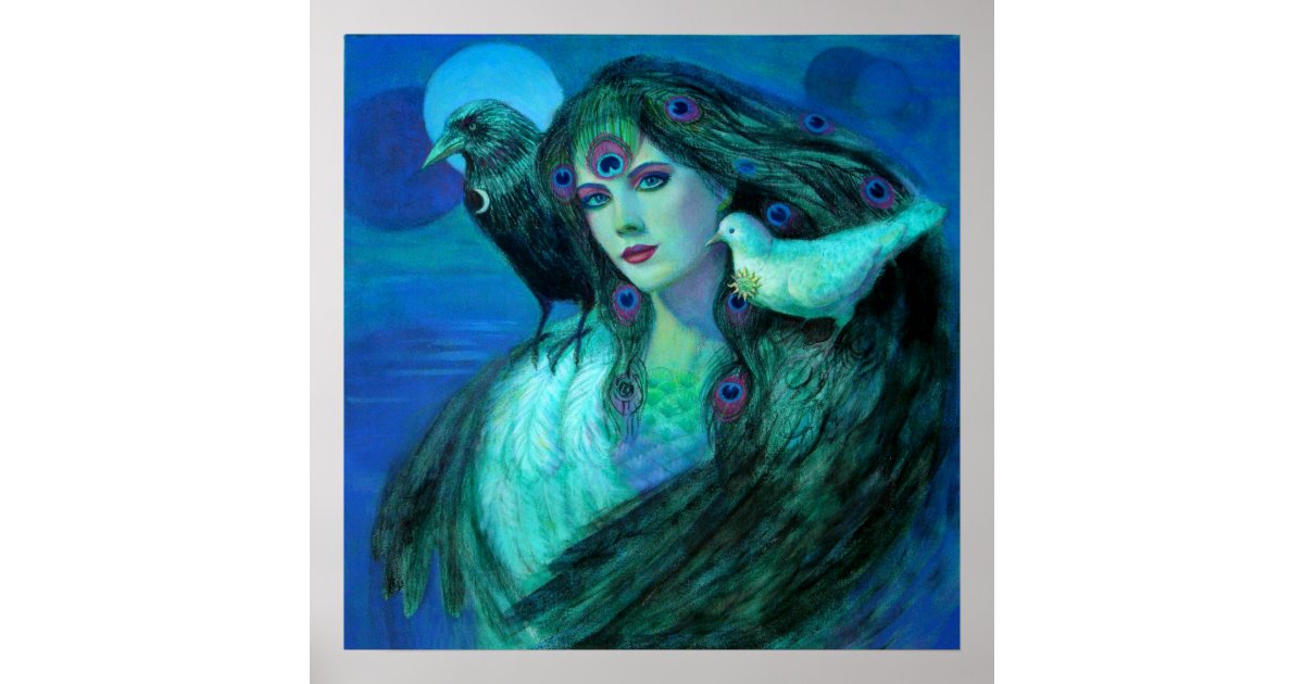 Fantasy Art Poster Peacock Feather Lady Birds Crow Zazzle Com