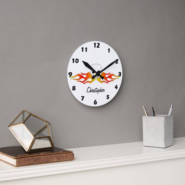 Fantasy Art Skull And Flames Design Personalised Round Clock (Office)