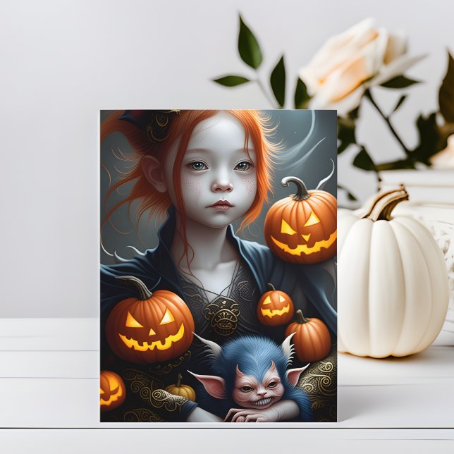 Fantasy Art Young Demon and Pet Halloween Postcard (👹🎃 Demonic Charm: Halloween Fantasy Art Postcard! 🌙)