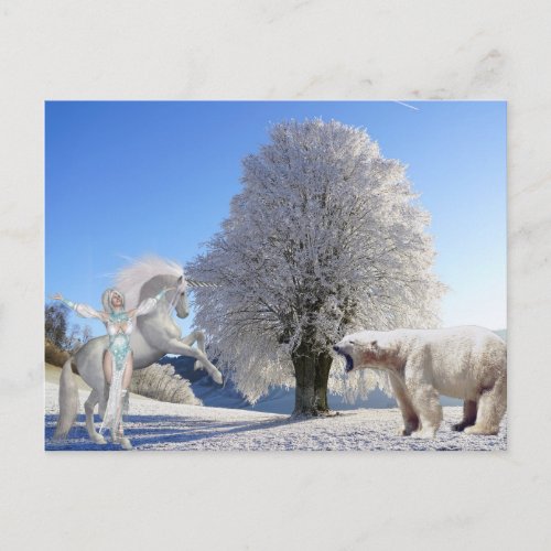 Fantasy Battle Ice Queen Unicorn Polar Bear Postcard