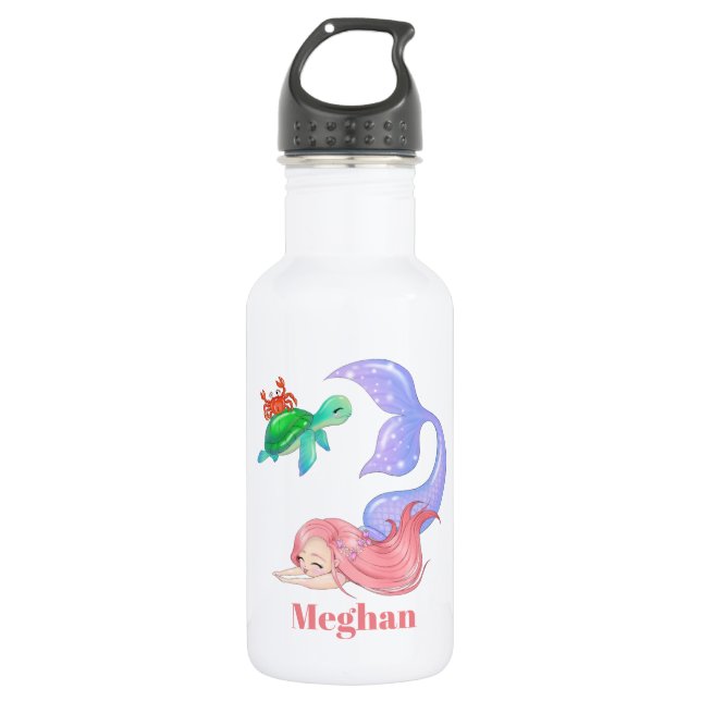 Fantasy beach mermaid add name sea turtle stainless steel water bottle (Front)