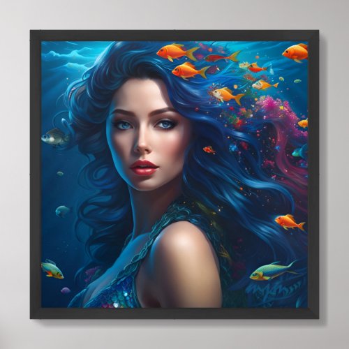 Fantasy Beautiful Blue Mermaid Framed Art