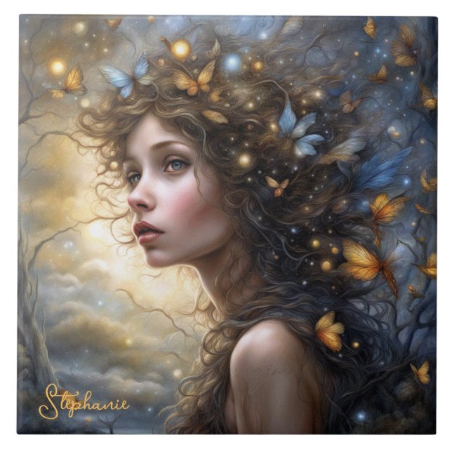 Fantasy Beautiful Butterfly Fairy Ceramic Tile (Front)