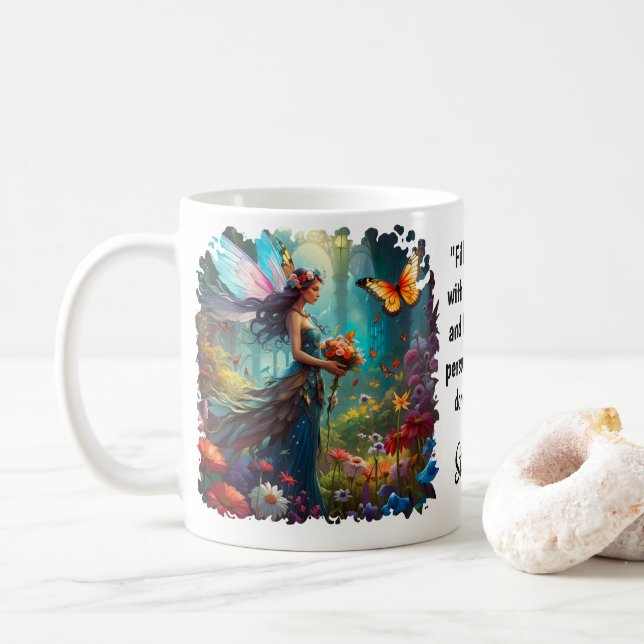 Fantasy Beautiful Butterfly Fairy Garden Quote Coffee Mug (With Donut)