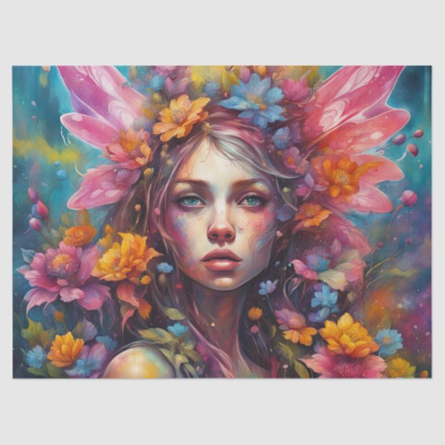 Fantasy Beautiful Colorful Flower Fairy Decoupage Tissue Paper (Front)