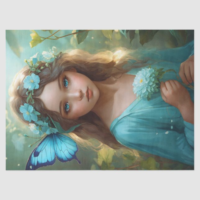Fantasy Beautiful Cyan Green Fairy Girl Decoupage Tissue Paper (Front)